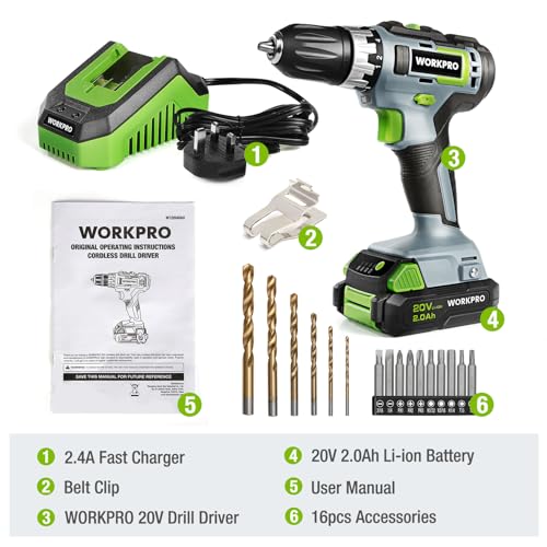 WORKPRO Cordless Drill Driver, 20V Electric Screwdriver with 2000 mAh Battery, 1 Hour Quick Charger, 25 Nm Max, 18+1 Torque, 3/8" Chuck, 2 Speed, LED Light, 16 pcs Drill and Screwdriver Bit - Image 8