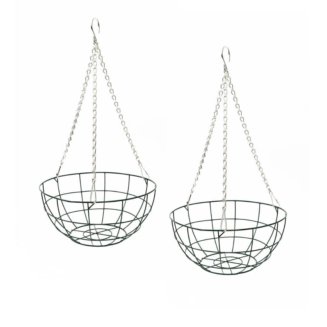 Gro Garden Products Heavy Duty Wire Hanging Basket, Round Basket, Flat Bottomed for Flowers with 3 Strand Chains, With or Without Liners 12" and 14" (2, 14" Basket Only)