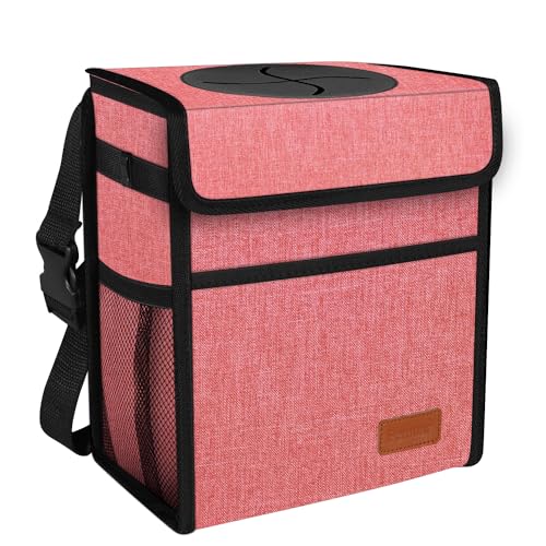 Image of Femuar Car Trash Can with Lid - Leak Proof, Waterproof, Multipurpose Car Hanging for Headrest, Collapsible, Portable with Storage Mesh Pocket, Pink