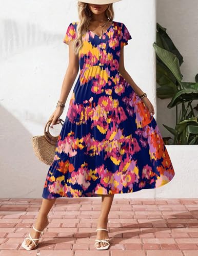 Image of Zeagoo Women Dresses Summer Flutter Sleeve Sleeve V-Neck Button Front Beach Sundress