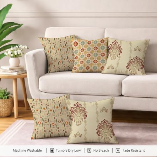 Image of STITCHNEST Set of 5 Royal Damask & Ikat Collection Printed Jute Cushion Covers 16x16 Inches | Ethnic Decorative Throw Pillow Covers for Sofa, Living Room & Bedroom | Premium Home Decor