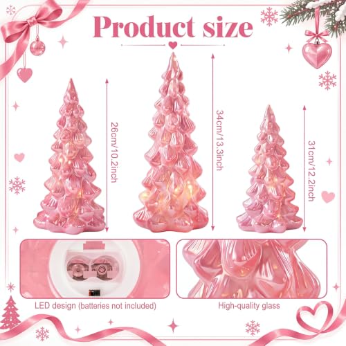 3 Pcs Glass Pink Christmas Trees LED Tabletop Decor - Image 2