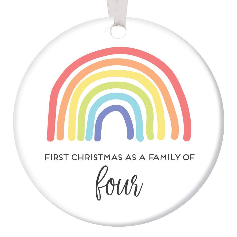 DIGIBUDDHA First Christmas As Family of Four Ornament Rainbow Keepsake Baby Shower Gift Ideas Mommy & Daddy Newborn Brother Sister Twins Birth Baptism Present 3" Flat Circle Ceramic Holiday Decor