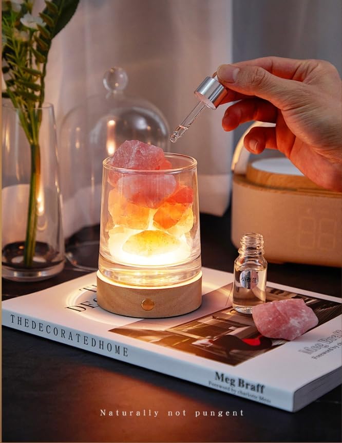Lampa do soli himalajskiej 2 w 1 i ultradźwiękowy dyfuzor olejków eterycznych, lampa do aromaterapii bez ognia, z 2 olejkami eterycznymi, aromaterapia, 3 kolory, ładowany przez USB, ze szklaną osłoną