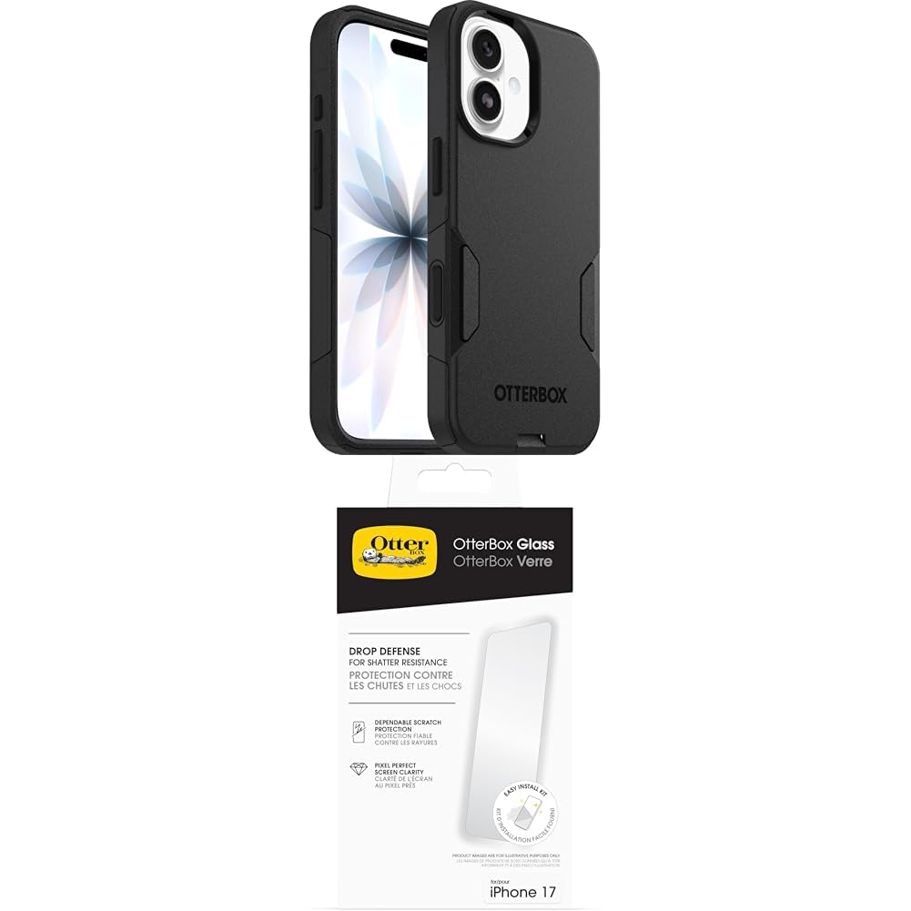 OtterBox Commuter Series MagSafe funda para iPhone 17, Testada 3x estándares Militares anticaídas, Negro + OtterBox Glass Protector de Pantalla de Cristal Templado para iPhone 17