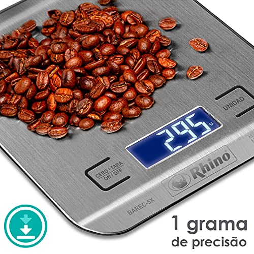 Balança Aço Inox de Cozinha 5 kg. / 1 g. Rhino BAREC-5X. Balança Digital Profissional
