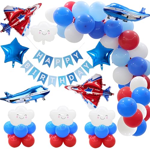 Airplane Birthday Decorations,Plane Birthday Decorations, Airplane Balloons Garland Arch Kit with Happy Birthday Banner Foil Latex Balloons for Kids Airplane Theme Birthday Party