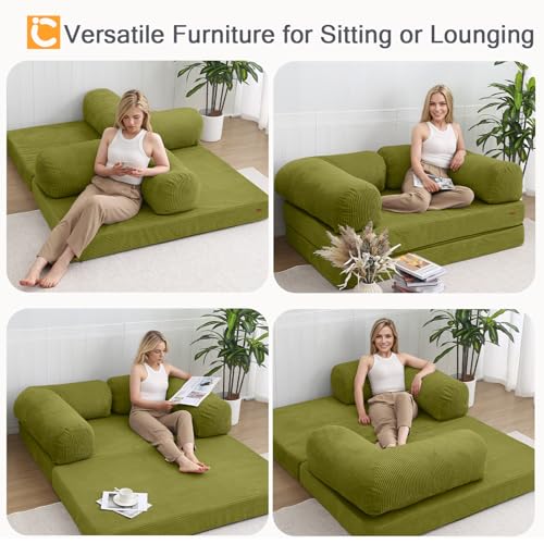 COMAX Folding Sofa Bed Queen, 4-in-1 Convertible Foldable Floor Couch Futon Sofa with Armrests, Sleeper Mattress Fold Out Chair Bed Comfy Portable Lounge Guest for Living Room Bedroom, Light Green