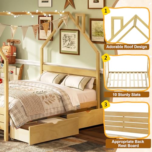 Image of Full Size House-Shape Platform Bed with Headboard and 2 Storage Drawers, Montessori Wood Bed Frame with Roof and Chimney Design, No Box Spring Needed, Easy Assembly (Natural-06, Full)