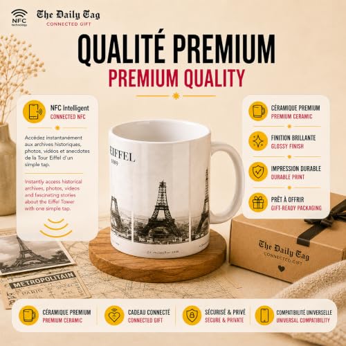 The Daily Tag DailyTag Mug Connecté NFC Tour Eiffel, Céramique Blanche, 325 ml, Technologie NFC, Sans Application, Thème Paris et Histoire – vue 4