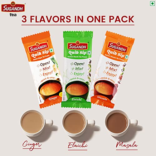 Image of Sugandh Quik Sip Instant Tea Premix Sachets | 3 in 1 Chai Mix with Masala, Elaichi & Ginger Flavours | Ready to Sip Instant Premix Powder | 14gm X 12 Sachets | Quick & Easy Chai Anywhere| Pack of 2