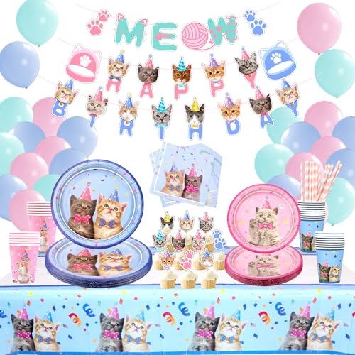 LSJDEER 210 Pcs Cat Party Supplies Decorations Set, Kitten Dinnerware Including Happy Birthday Banner Macaron Balloons Dinner Plates Dessert Plates Napkins Cups Cupcake Toppers - Serves 20