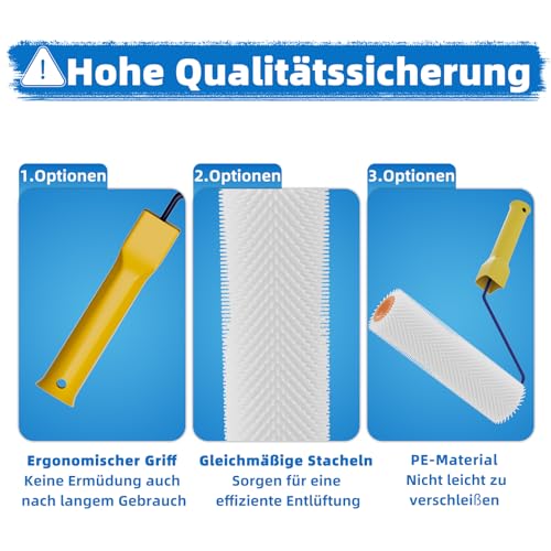 VKE Entlüftungswalze Set für Ausgleichsmasse - Stachellänge 14 mm, Profi Stachelwalze Ausgleichsmasse, 1 Nagelrolle 23 cm, 2 Farbrolle 23cm, Teleskopstange 1,5 m, Nagelschuhe 30 mm-Nur 1 Griff