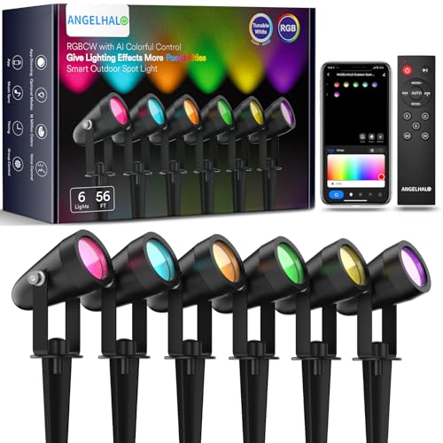ANGELHALO Smart Landscape Spotlights, Low Voltage IP65 Waterproof Outdoor Spotlights Compatible with APP/Voice/Alexa Control, Color Changing Lights for Yard Garden Pathway Lawn, 6 Pack by ANGELHALO - Used condition - US$70.64