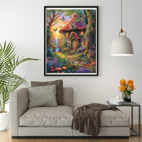 Image of Moohue Art Crafts 14ct Counted Cross Stitch Patterns Kits Mushroom House Butterflies Printed Stamped Cross Stitch Kits for Adults Needlepoint Kits (Mushroom House Butterflies)