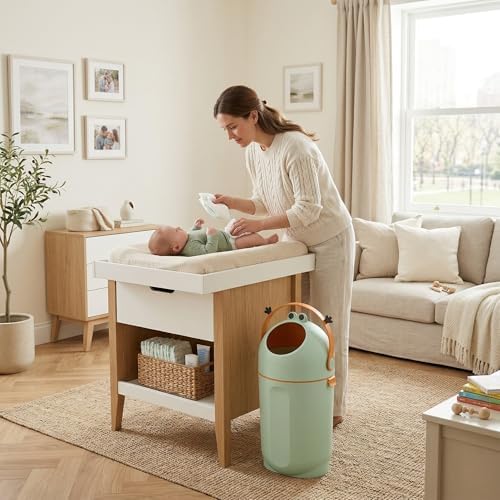 Bebetaje Diaper Pail with Odor Control, Uses Regular Trash Bags, Hands-Free Baby Diaper Disposal System, Smell Proof Nursery Trash Can with Easy Open Handle, Large Capacity - 5