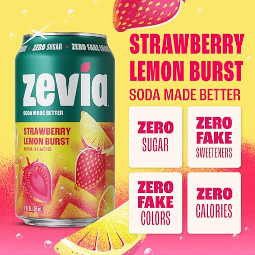 Image of Zevia Zero Sugar Soda, Strawberry Lemon Burst, 12 oz Cans (24-Pack) - Naturally Sweetened, Zero Calorie Sugar Free Soda - Non-GMO Project Verified, Gluten-Free, Vegan