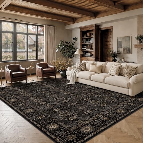 Image of 8x10 Washable Rug for Living Room Bedroom Black Low Pile Soft Non-Slip Large Rug for Under Table Boho Distressed Retro Carpet for Bedroom Kitchen Office Dining