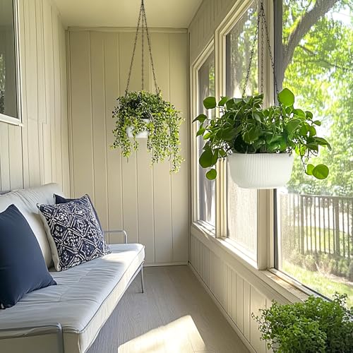 T4U Hanging Planter Self Watering 8 Inch, 2 Pack White Indoor Outdoor Hanging Plant pots, Hanging Flower Pot with Drainage Hole & Plug & Chain with 3 Hooks for Garden Home Decor - Image 3