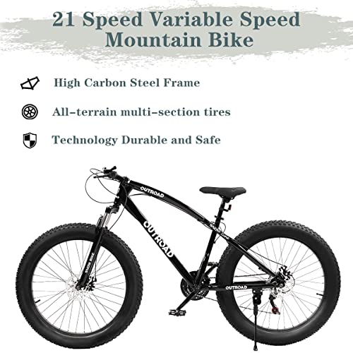 Outroad Fat Tire Mountain Bike 26 Inch Wheels Adult Bicycle, 21 Speeds Sand Trek Bike, Double Disc Brake Suspension Fork Big Tire Anti-Slip Bikes (Black, 4 Inch Width Tire) #TOP4