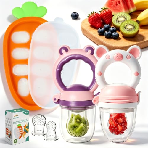 Baby Fruit Food Feeder - Fresh Food Feeder, Infant Fruit Teething Teether Toy for 4-24 Months, 2 Pack with 3 Stage Pouches and Freezer Tray for Babies (Purple Pink)
