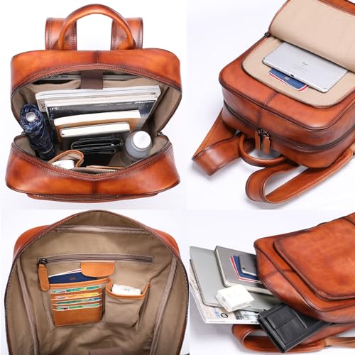 15.6" Vintage Leather Laptop Backpack for Men，Full Grain Leather Hiking Travel Bag Camping Daypack Brown4