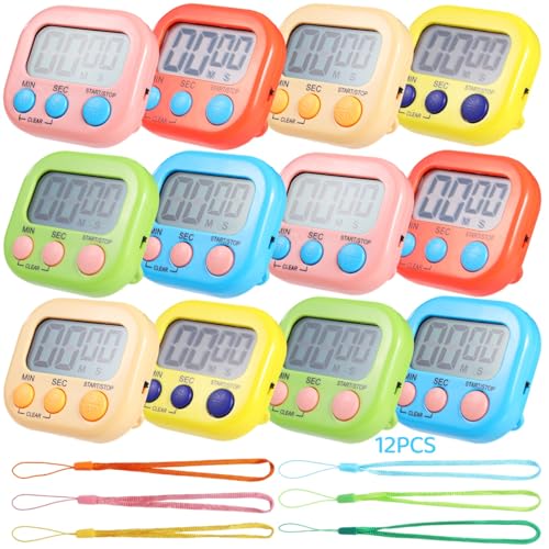Juego de 12 temporizadores digitales, temporizadores para aulas, temporizador de cuenta regresiva con función de encendido/apagado, pantalla LCD grande y alarma fuerte para cocinar, hornear y hacer