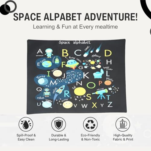 Image of Dining Cloth Table Mats Set of 4 - Alphabet Kids Theme,Digital Print, Washable, Indoor /Outdoor, Heat-Proof, Water Resistant, Wipe & Clean (47X33 cm) Black