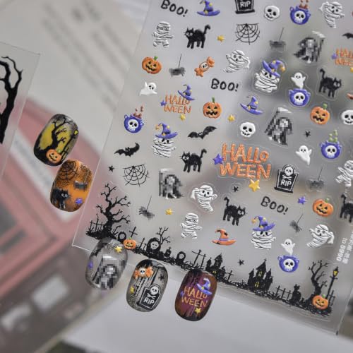 Image of Halloween Nail Stickers mini Mummy Skeleton Pumpkin Ghost Nail Art Decals | Cute Cartoon Nail Decals Spooky Black Cat Self-Adhesive Stickers, for Women Holiday Nail Art Design 1 Sheets Manicure Decor