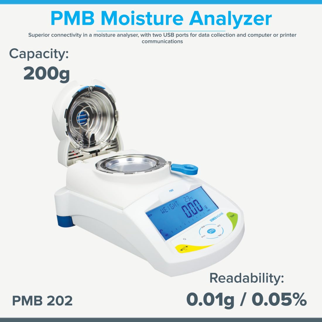 Adam Equipment PMB 202 Moisture Analyzer, with Halegon Lamp, 200g Capacity, 0.01g Readability