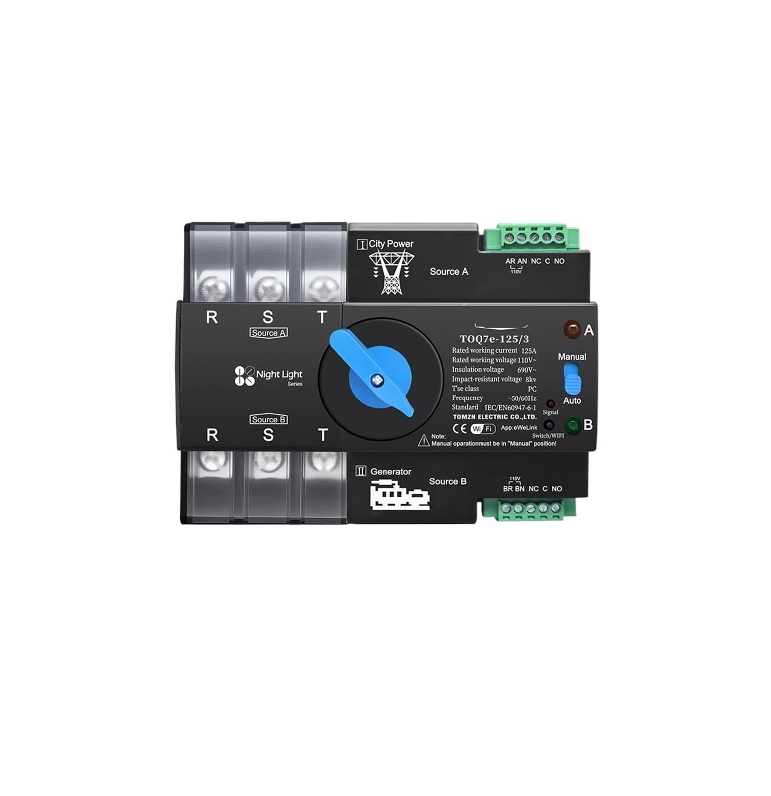 110 V/120 V Drehstrom-Umschalter mit automatischer Umschaltung, unterbrechungsfrei, 3-polig, 125 A, DIN-Schienenanschluss(63A)