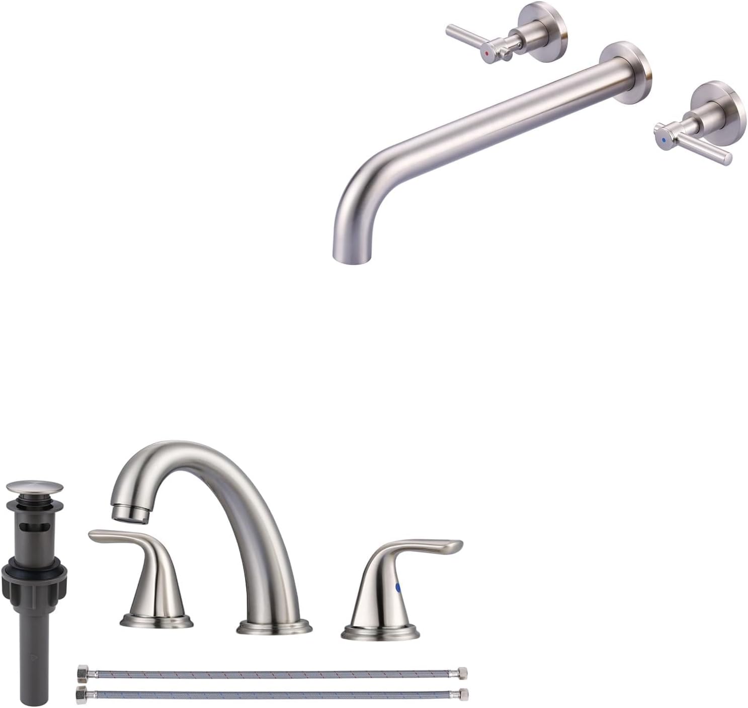 Aleasha Brushed Nickel Bathroom Sink Faucet + Wall Mount Tub Filler Brushed Nickel