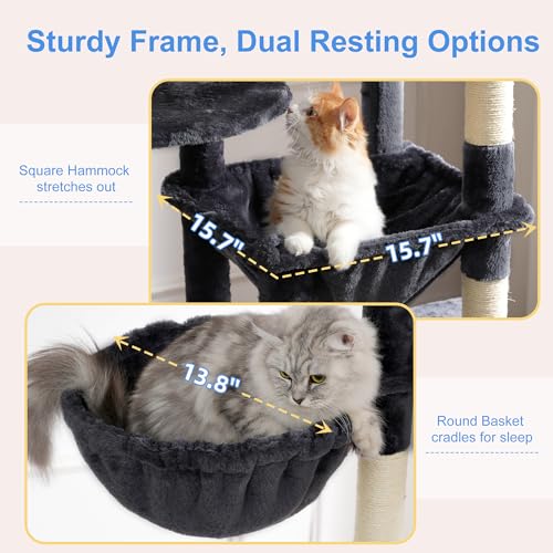 Image of Heybly Cat Tree, 76-Inch Tall Heavy Duty Cat Tower for Big Cats HCT039G | Multi-Level Large Cat Furniture with Extra Wide Baseboard, 2 Condos & 2 Hammocks, 10 Scratching Posts, Smoky Gray