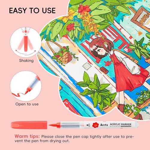 Arrtx 60 Colors Direct Liquid Ink Acrylic Marker, Brush Tip Coloring Drawing Cartoon Anime Comic, Art Supplies for Stone, Glass, Egg, Wood, DIY Crafts image 11