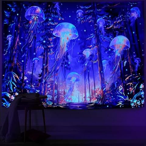 Racunbula Blacklight Forest Jellyfish Tapestry UV Reactive Nature Tree Tapestry Trippy Fantasy Starry Sky Tapestry Aesthetic Wall Tapestry Hippie Jungle Plants Tapestry Wall Hanging for Bedroom Cover