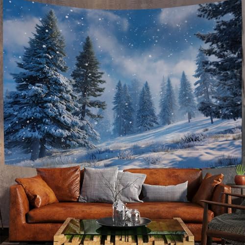 Tapisserie murale blanc et bleu 130x150cm forêt de flocons de neige pour décoration salon - 4