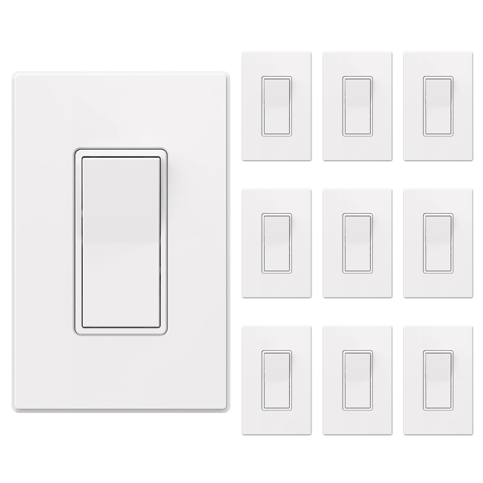 AIDA Interruptor de luz blanco mate de un solo polo con cubierta de placa de pared sin tornillos, 15 amperios, 120/277 V, repuesto de interruptor basculante de pala, interruptor de pared de encendido