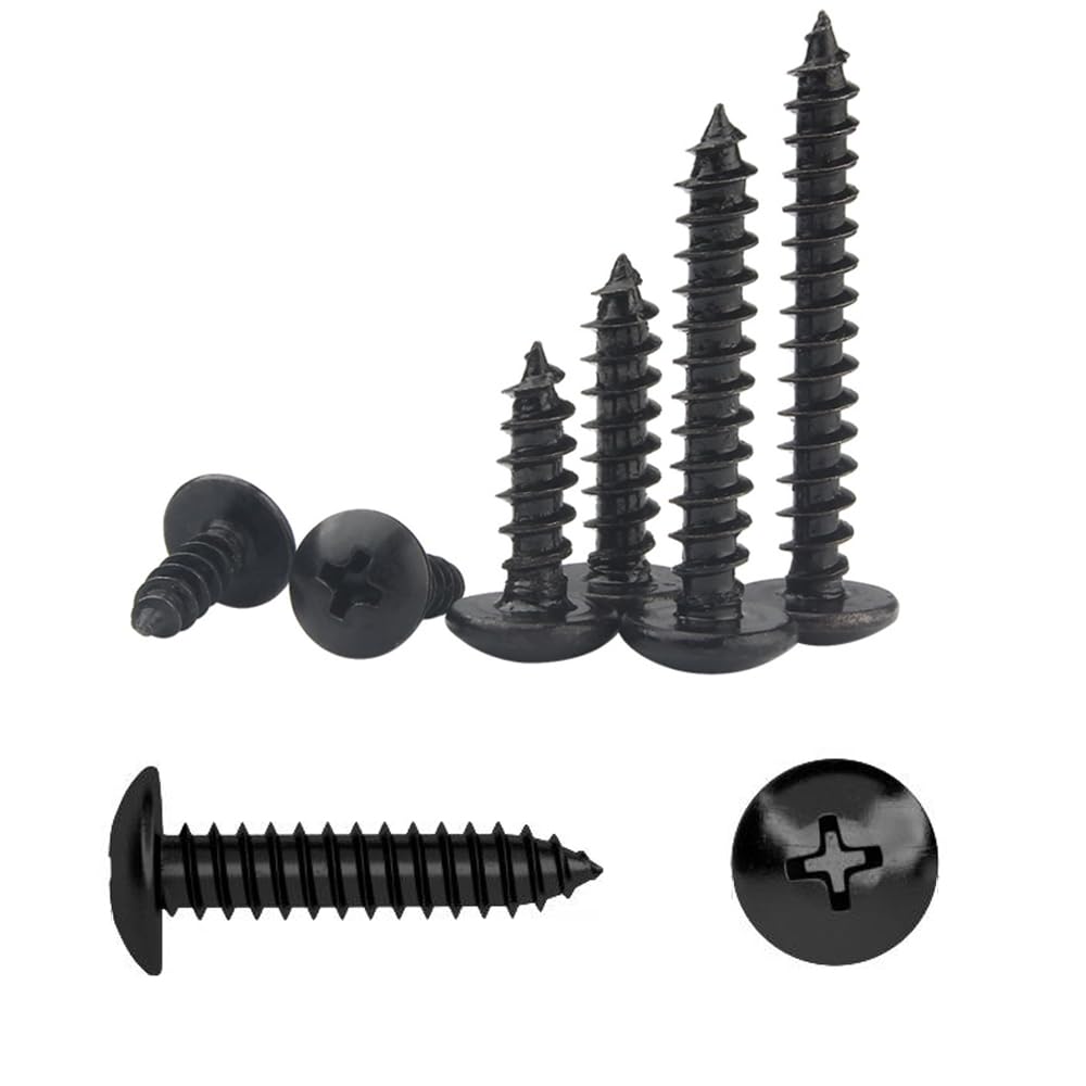 QIRUIRED 200Pcs M4 x 16mm Self Tapping Wood Screws Carbon Steel Mushroom Round Flanged Head Fasteners Drilling Screw Black