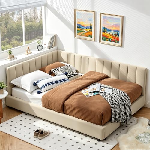 Bellemave L-Shaped Velvet Upholstered Full Size Corner Daybed Frame with Backrest & Armrest Multi-Functional Corner Bed for Bedroom Living Room and Guest Room Beige