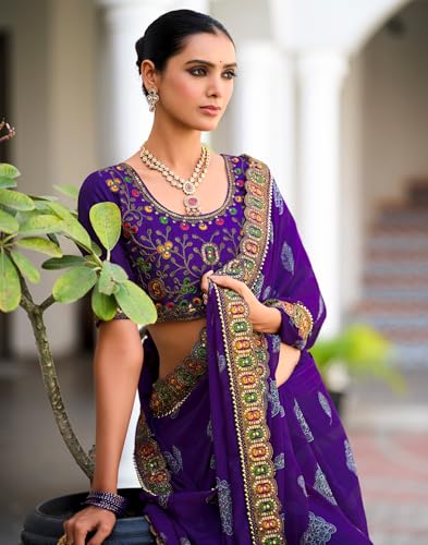 Image of SIRIL Women's Bandhani Printed Georgette Sequence Lace Scalloped Border Saree with Unstitched Blouse Piece