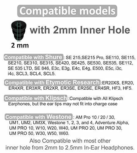 4ペア トリプルフランジ Shure SE215 Pro イヤーチップと互換性があり、ノイズ低減シリコン 2mm コネクタ穴付き イヤーチップ イヤホン Etymotic Research / Klipsch / Westoneと互換性あり - ブラック