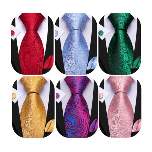 Image of Barry.Wang 6 PCS Men Ties Set Silk Business Fashion Woven Necktie Handkerchief Cufflinks Paisley Stripe Wedding Party