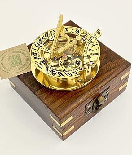 BRASS SUNDIAL COMPASS with Wooden BOX - Handmade Pocket Sundial - Sun Dial Compass - Steampunk retro GIFT - Vintage Style Sundial