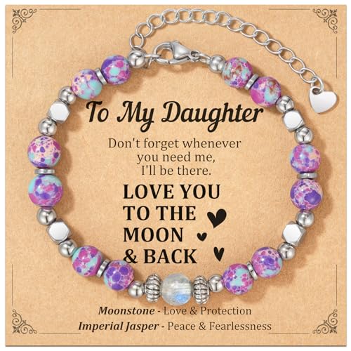Daughter Gifts from Mom or Dad, I Love You to the Moon and Back Moonstone Bracelet, Teen Girls Bracelets Gifts, Unique Ideas for Birthday, Christmas, Valentine's Day, Easter Baskets