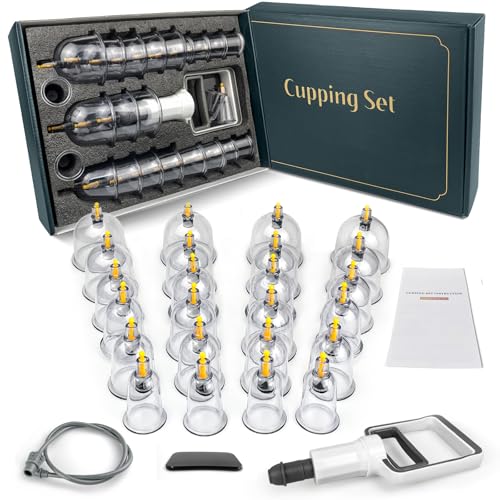 DEFUNX Kit di coppettazione per terapia di massaggio, set da 24 tazze professionali per massaggi con pompa manuale, set per terapia di coppettazione sottovuoto per ridurre la cellulite, sollievo dal