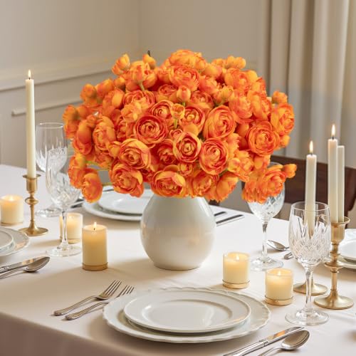 U'Artlines Mini Ranunculus Artificial Flowers Bouquet 20 PCS Citrus Orange - image 3