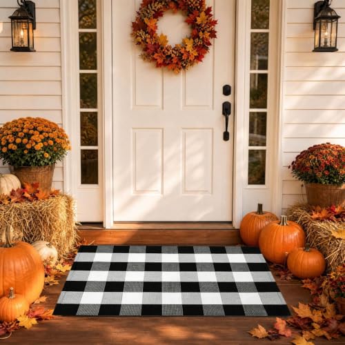 Thanksgiving Plaid Front Door Mat Outside Entrance Outdoor Doormats,Black - image 1