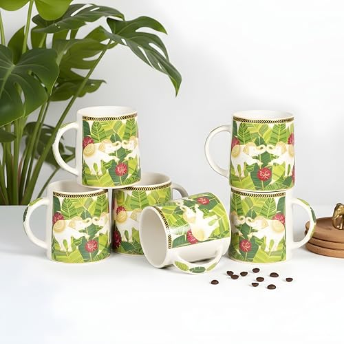 Image of Miah Neelmayur Royale Floral Ceramic Cup Set - Set of 6 | 10.16 cm x 6.85 cm x 8.89 cm | Handcrafted Coffee & Tea Mugs | Microwave & Dishwasher Safe | Vibrant Garden-Inspired Design