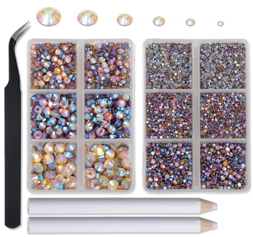 8000pcs Hotfix Rhinestones Flatback,Rhinestones for Crafts Clothes Mixed 6 Sizes, Hotfix Crystals with Wax Pencil Kit, SS4-SS30,Topaz AB
