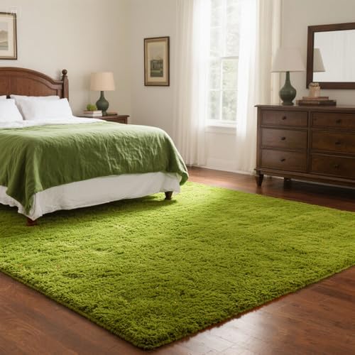 Green Rug for Bedroom, 5x7 Fluffy Area Rugs for Kids Playroom, Furry Carpet for Nursery Room, Shaggy Rug for Teen Living Room, Thick Fuzzy Plush Rug for Dorm, Cute Room Decor for Baby